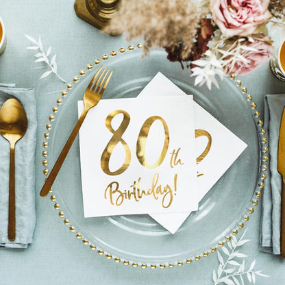 PartyDeco Serviettar 33cm 20stk 80th Birthday gull
