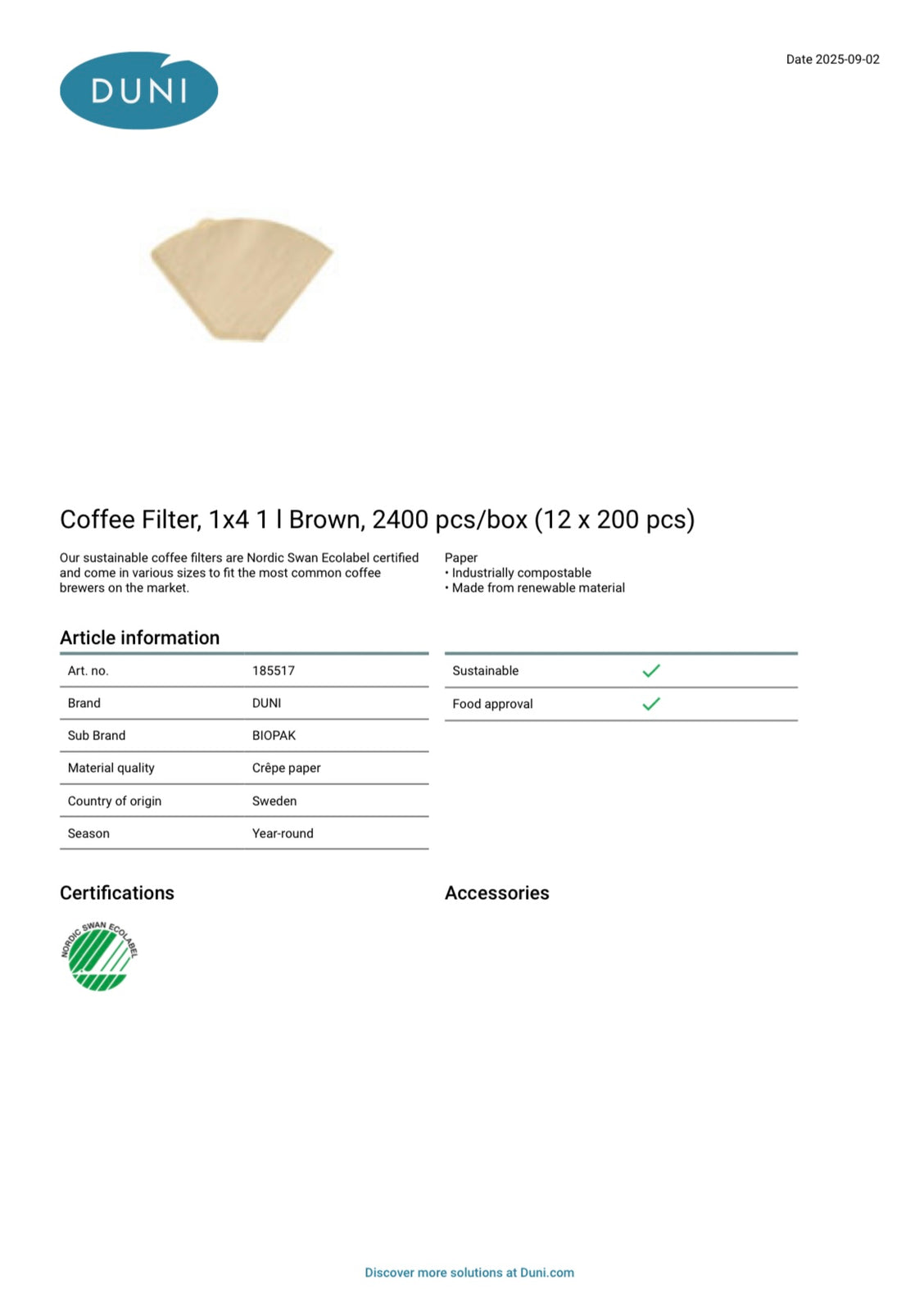 (Bíleggingarvøra) D.Kaffifiltur 1x4 1L Brúnt Duni 200stk|kar12