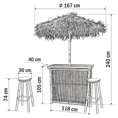 Barr v/2 barstólum &amp; parasól 120x105cm úr bambus
