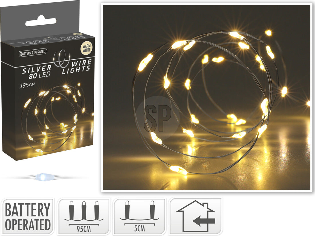 Ljósketa silvurleidning 80LED heithvít t/battarí
