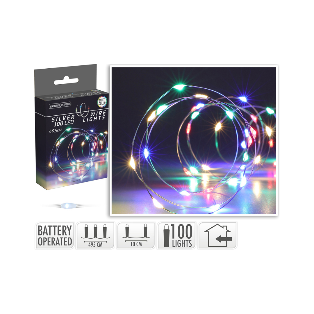 Ljósketa silvurleidning 100LED fleirlitt t/battarí