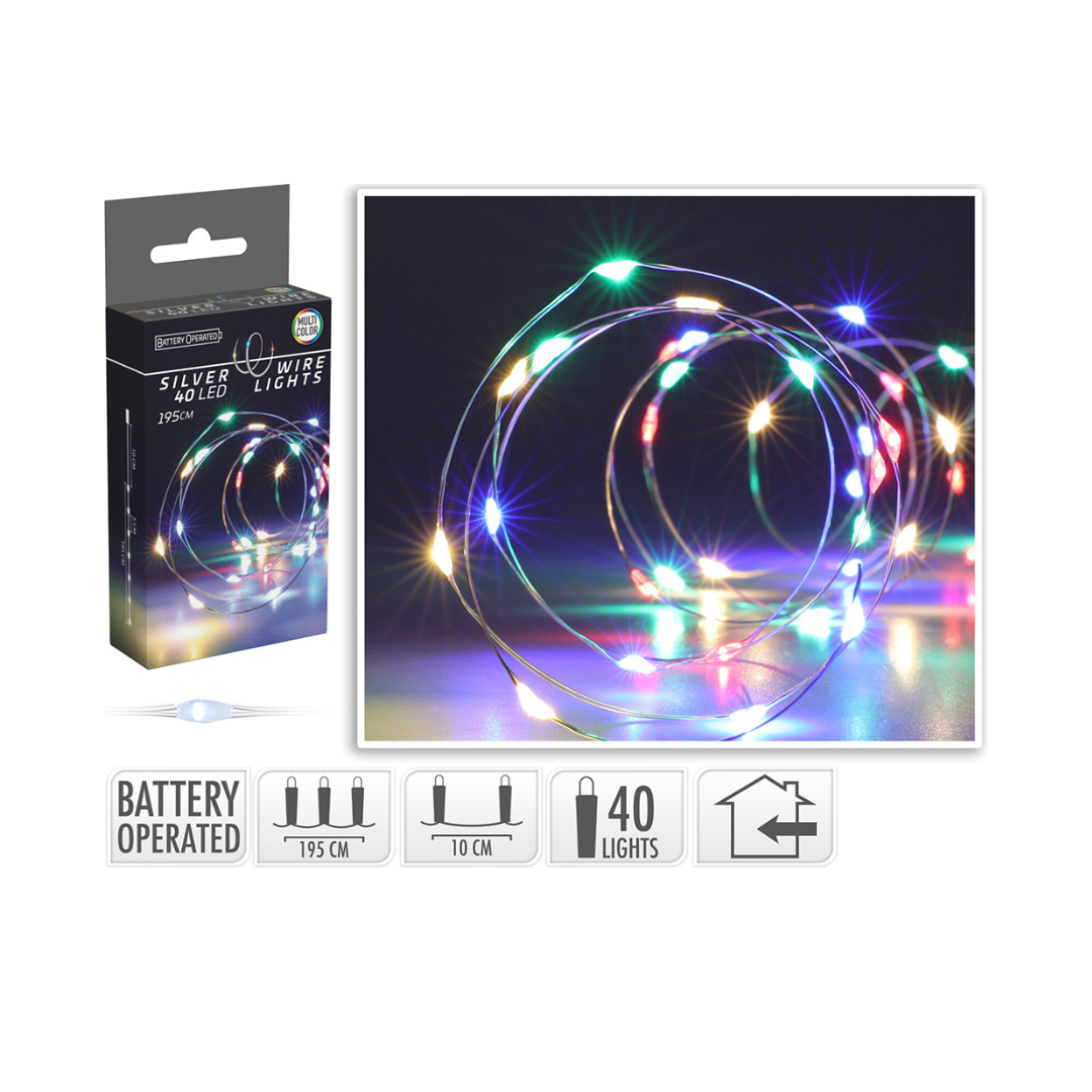 Ljósketa silvurleidning 40LED fleirlitt t/battarí