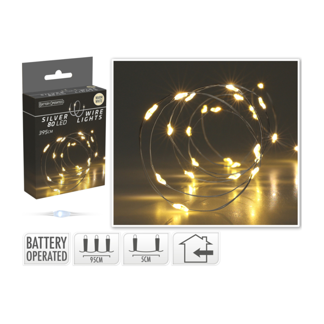 Ljósketa silvurleidning 80LED heithvít t/battarí