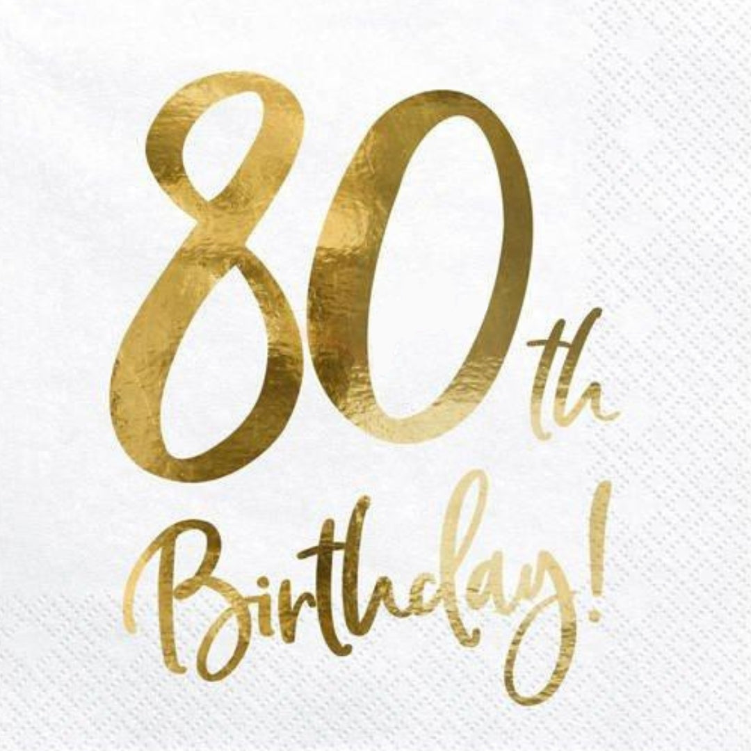 PartyDeco Serviettar 33cm 20stk 80th Birthday gull