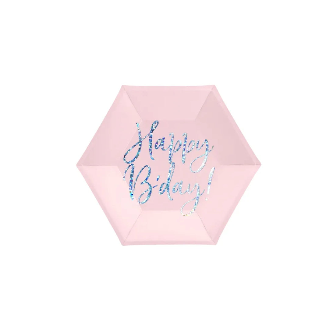 PD Tallerkar 6stk &quot;Happy B day&quot; ljóst pink