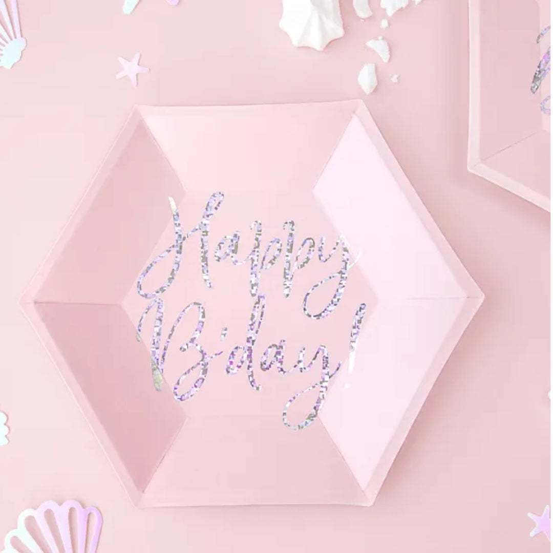 PD Tallerkar 6stk &quot;Happy B day&quot; ljóst pink