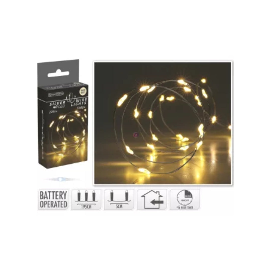 LED ljósketa silvurleidning 40led heithvít batterí