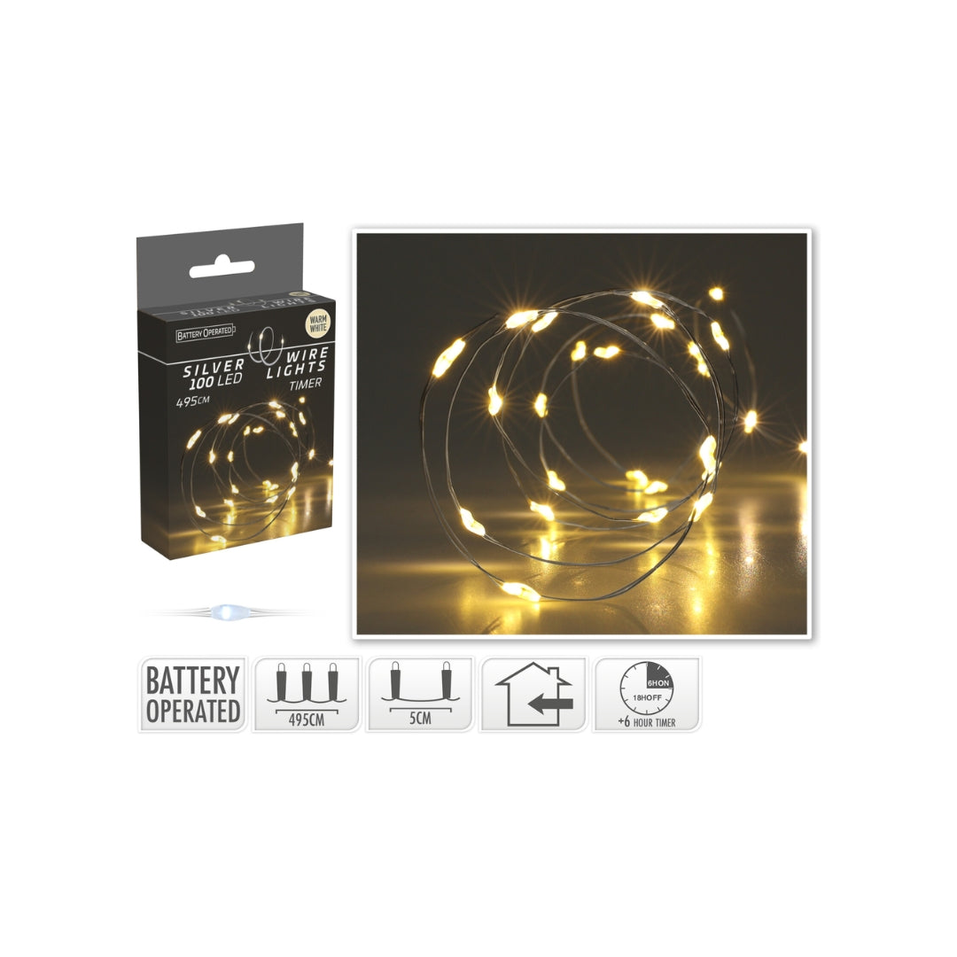 Ljósketa 100LED heithvít v/timara silvurwire