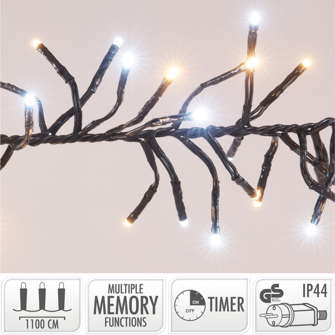 Ljósketa clusterlight 11m 1512LED H.hvít Tim/8funkt