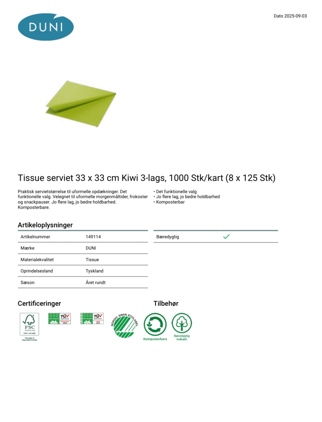 Duni 3-lags serv.33cm 125stk|Kart/8 Kiwi