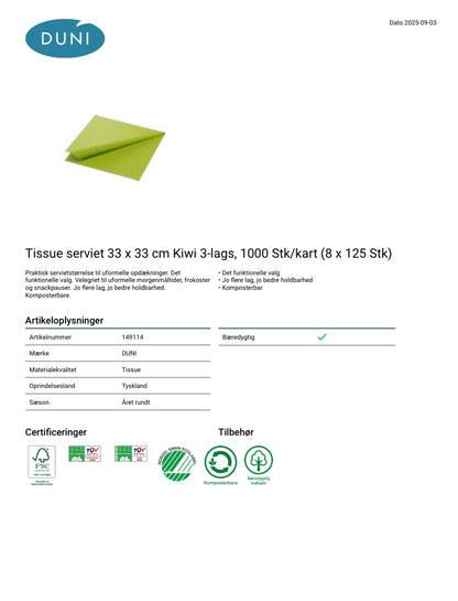Duni 3-lags serv.33cm 125stk|Kart/8 Kiwi