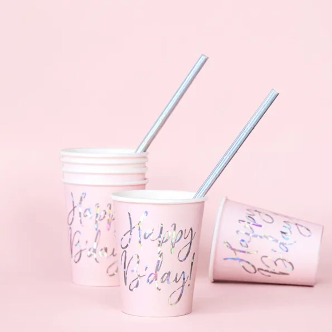 Pappbikur &quot;Happy Bday&quot; pink 220ml 6stk